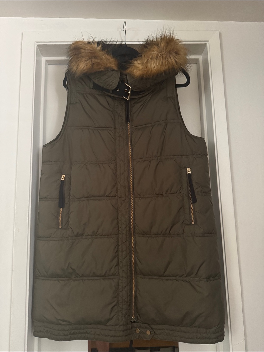 Long Zara Puffer Vest with Faux Fur Hood